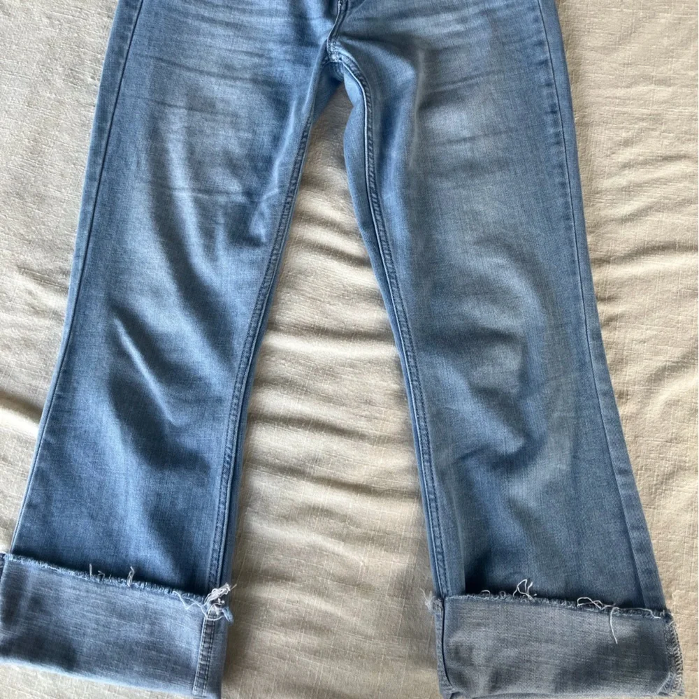 Sam Edelman Blue stiletto crop boot hi rise fringe jeans fade